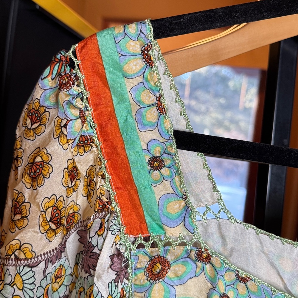 Johnny Was 100% Silk Floral Print Square Neck Boho Dress Size Large *FLAW* - Picture 6 of 13